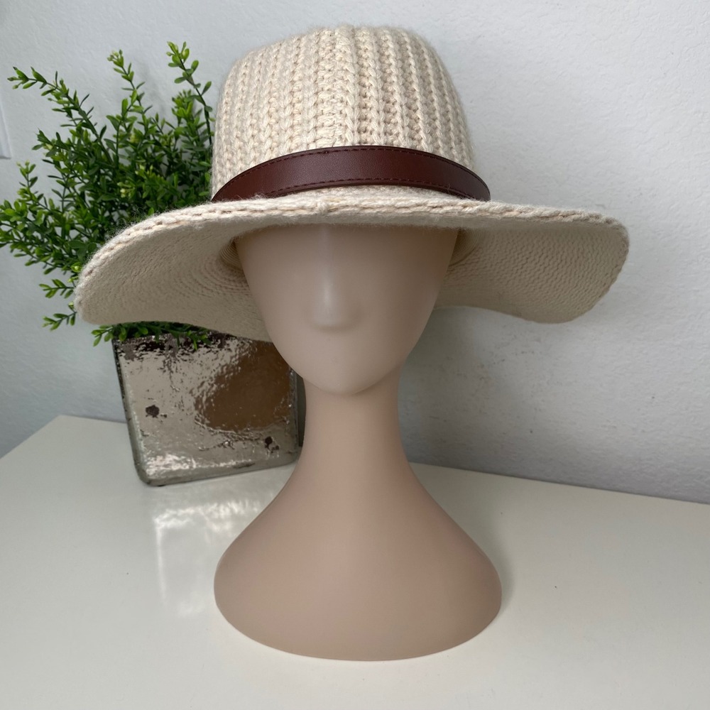 Altar'd State Beige Knit Fedora Hat with Brown Faux Leather Band One Size